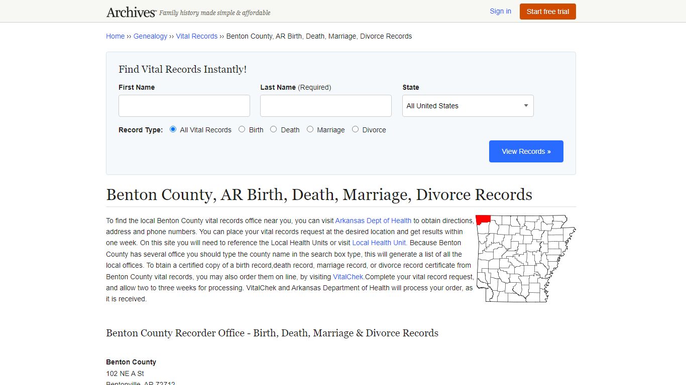 Benton County, AR Birth, Death, Marriage, Divorce Records